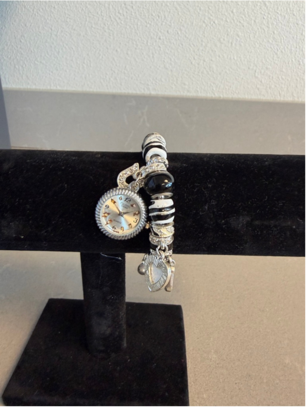 Vintage Pandora Style Charm Bracelet Watch Pendant Black White Zebra Beads Heart